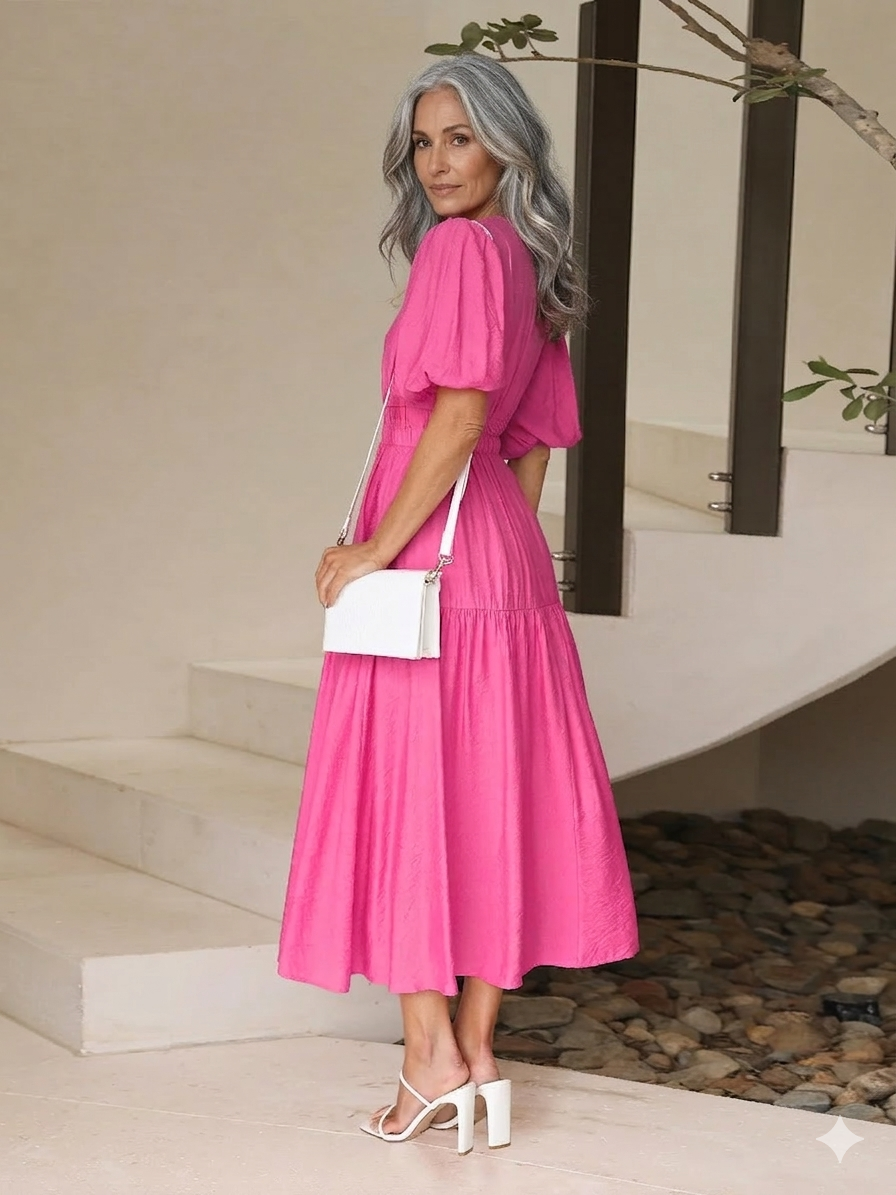 Woman in a pink dress holding a white handbag on a staircase.